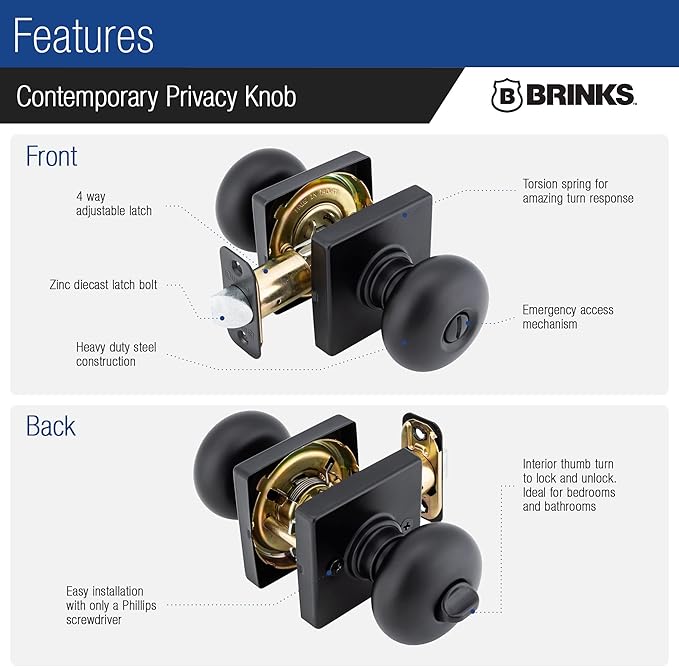 BRINKS – Contemporary Privacy Locking Interior Ball Door Knob, Matte Black - Designed for Sleek and Modern Homes and Blends Seamlessly with Interior Décor (E2436-122) (8 Pack)