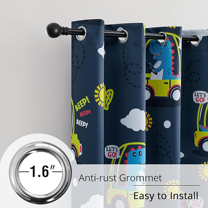 Kids Dinosaur Blackout Curtains - 2 Panels, Each W52*L84 with 100% Blackout, Thermal Insulated, and Noise Reducing, Perfect for Kids Room, Bedroom, Nursery