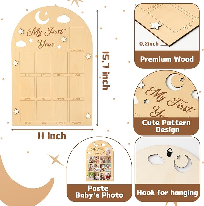 R HORSE My First Year Photo Frame Board - 3D Star Baby First Year Picture Frame 12 Months Milestone Photo Display Wood Board Baby Keepsake 1st Birthday Nursery Decor Gift for Boy Girl