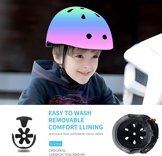 Adjustable Kids Bike Helmet with Knee & Elbow Pads Set, Color Gradient Design for Boys and Girls Aged 3-14+, for Skateboarding, Scooter, Roller & Inline Skating, Longboard