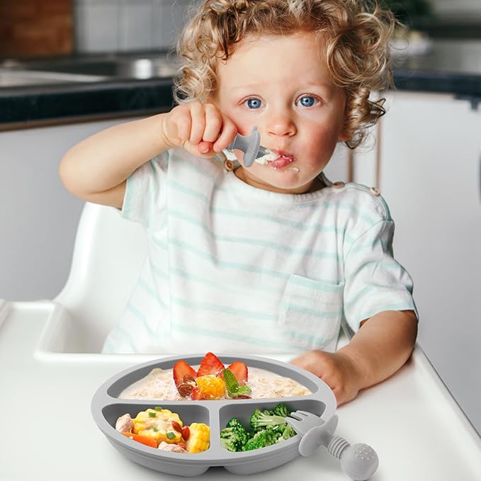 Silicone Baby Feeding Set, 2 Pack Divided Baby Plates with Suction, 2 Pack Spoons and Forks Set, BPA Free, Baby Led Weaning Supplies for Toddler Utensils Baby Feeding Essentials