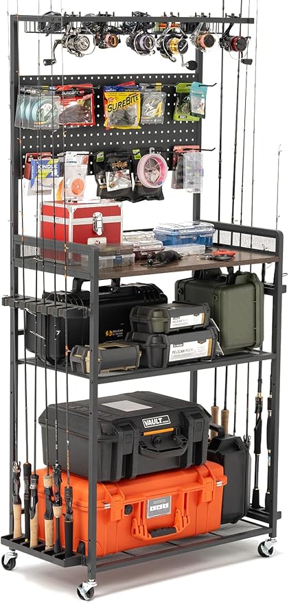 SOYEEZE Fishing Rod Holders for Garage,Fishing Gear Holder for Fishing Rod Tackle Box Storage，Fishing Pole Holders for 12 Rods with Hooks and Pegboard,Fishing Cart with Reel Rack