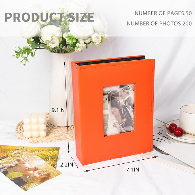 RECUTMS Photo Album 4x6 200 Photos, Leather Cover Wedding Family Photo Albums Holds 200 Horizontal 4x6 Photos (Orange)