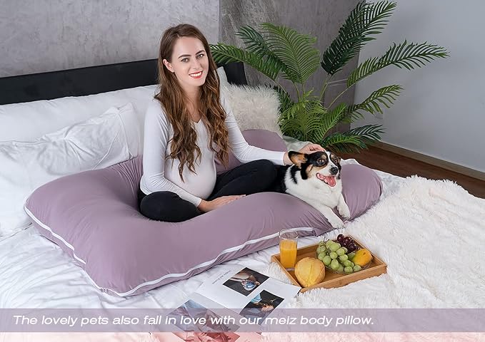 Meiz U Shaped Sleeping, Cooling 60‘’ Maternity Pillow for Pregnant Women with Jersey Cover, Purple