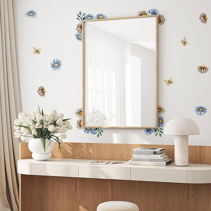 YouRfocus Blue Daisy Wall Decals | 33 PCS Boho Flower Stickers for Girls' Rooms, Playrooms, and Nurseries | Dual Layer Print for High Coverage | Removable Peel and Stick Wall Decor | 6 Sheets