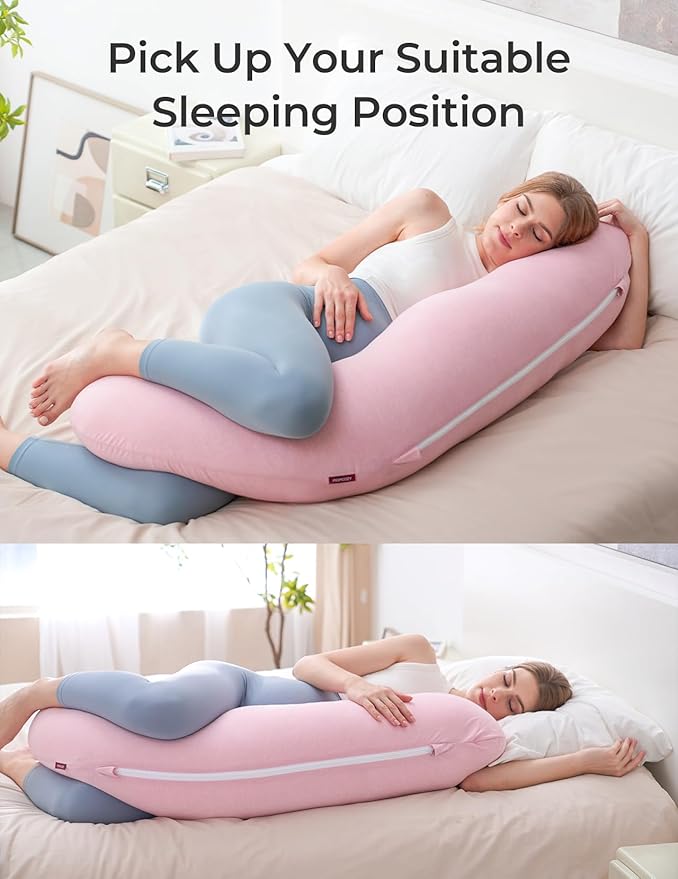 Momcozy Body Pillow for Pregnancy, J Shaped Pregnancy Pillows for Side Sleeping, Soft Maternity Pillow with Jersey Cotton Cover for Head Neck Belly Support, Pink