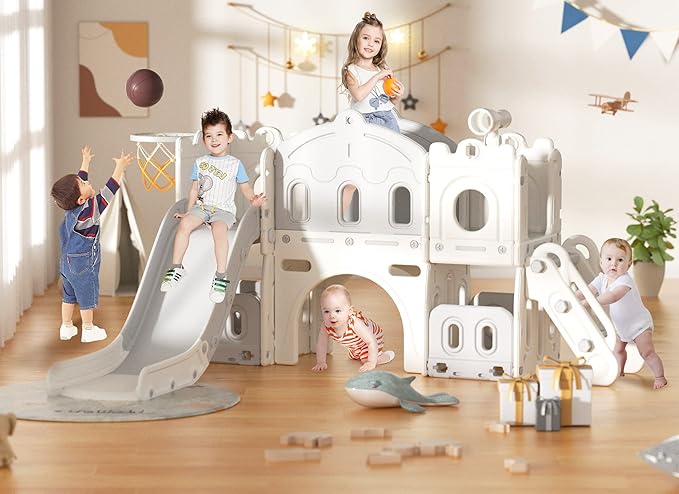 XJD 7 in 1 Toddler Slide Set, Kids Slide for Toddlers Age 1+, Toddler Climber Slide PlaySet with Basketball Hoop and Ball,Outdoor Indoor Playground for Toddlers 1-3