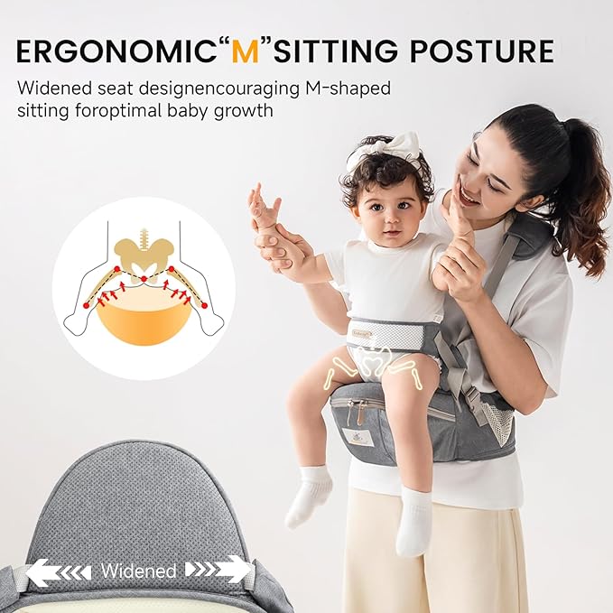 Baby Carrier with Hip Seat Adjustable Strap Huge Storage 4-in-1Toddler Carrier Enhanced Lumbar Support Ergonomic Baby Hip Carrier for Newborns & Toddlers Gray