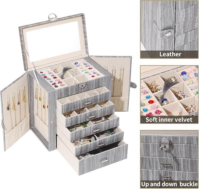 BOOVO Jewelry Box For women, 6 Layer Large Jewelry Organizer With Mirror, Accessory Holder With 5 Drawers, For Earrings Necklace Ring Bracelet (woodgrain grey)