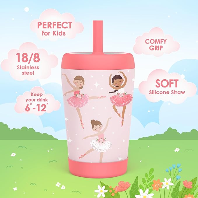 Kid Insulated Stainless Steel Tumbler with Silicone Straw, 12oz Sippy Cup for Kids (Pink Ballerina)
