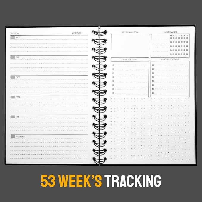 Undated Weekly Planner Notebook, A5 Hardcover Weekly to do List Notebook for Work with Goal & Habit Tracker - Spiral Beige