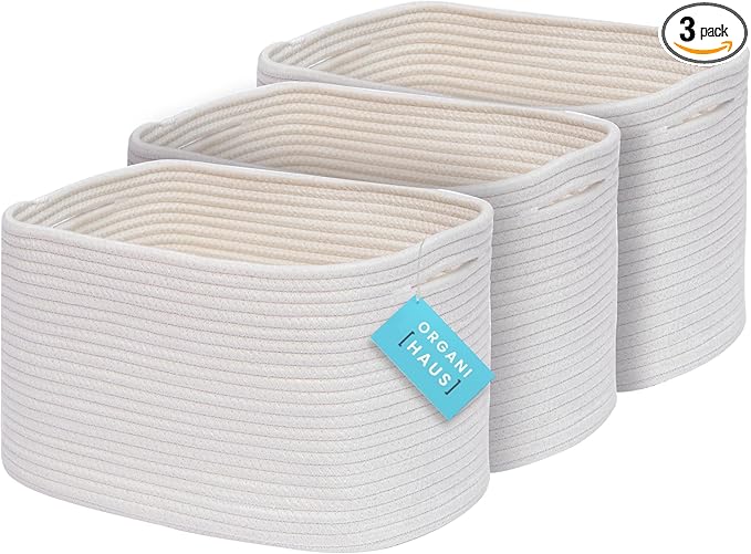 OrganiHaus Set of 3 White Woven Baskets for Organizing | Cotton Rope Basket for Decor | Shoe Basket Organizers & Storage | Decorative Storage Baskets & Bins | Cute Storage Basket for Toys & Cloths