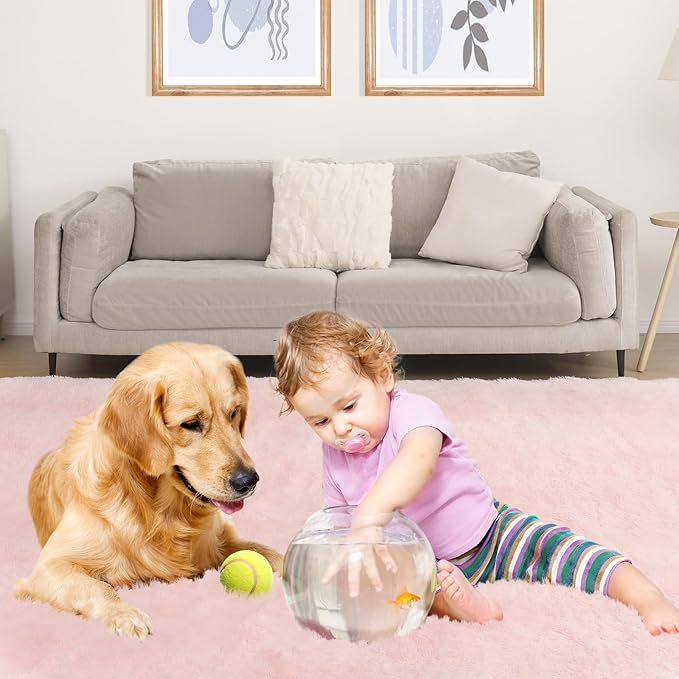 Soft 6x9 Pink Rug, Fluffy Area Rugs for Living Room, Plush Area Rugs for Bedroom, Non-Slip Indoor Carpet for Nursery, Study Room, Kids Room, Room Decor