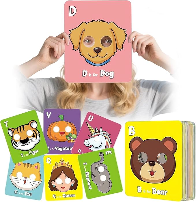 2025 New Alphabet ABC Flash Cards with Animal Masks, 26 Pcs Animal mask Alphabet Cards, Interactive Education Games, Learn Letters, English Phrases