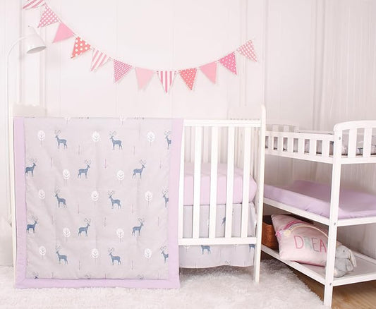 CaSaJa 4-Piece Crib Bedding Set for Boys and Girls, Nursery Baby Bedding Set Including Quilted Comforter with Fitted Crib Sheet and Changing Pad Covers, Reversible Quilt Design, Reindeer Forest