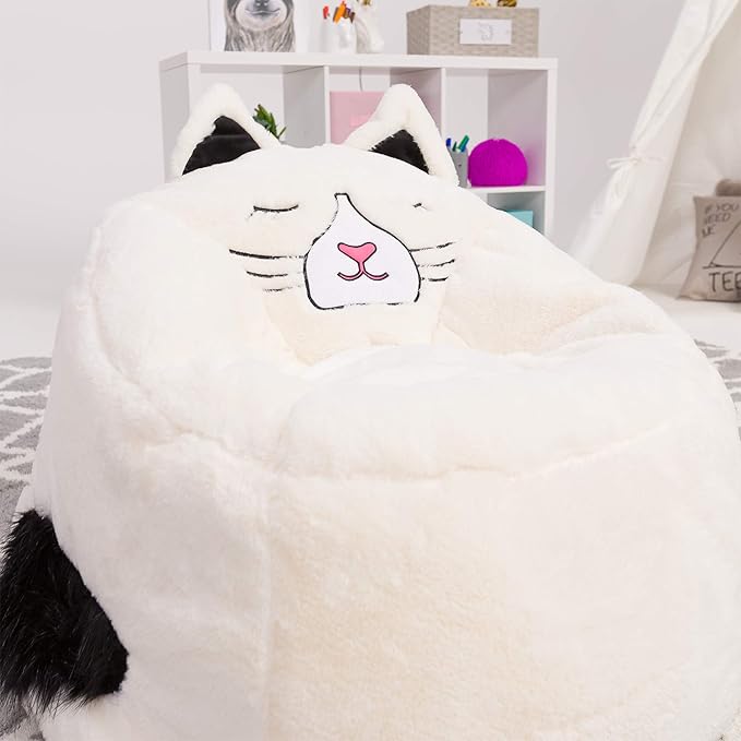 Posh Creations Cute Soft and Comfy Bean Bag Chair for Kids, Large, Animal - Ivory Cat