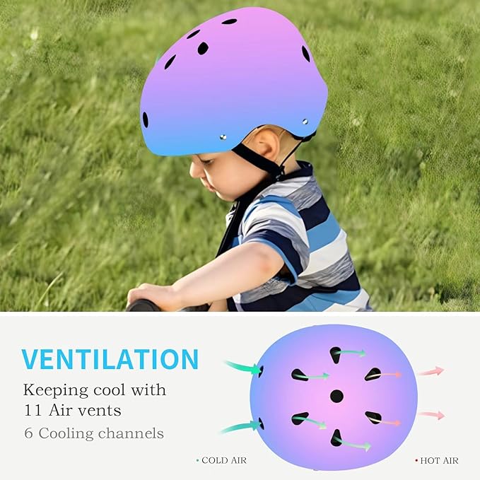 Adjustable Kids Bike Helmet with Knee & Elbow Pads Set, Color Gradient Design for Boys and Girls Aged 3-14+, for Skateboarding, Scooter, Roller & Inline Skating, Longboard