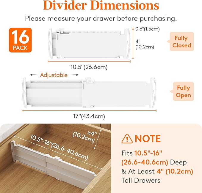Lifewit 16 Pack Drawer Dividers 4" High, 10.5-16.5" Dresser Drawer Divider, Adjustable Drawer Organizers for Clothes, Plastic Drawers Separators for Dresser, Bedroom, Bathroom, Kitchen, Office
