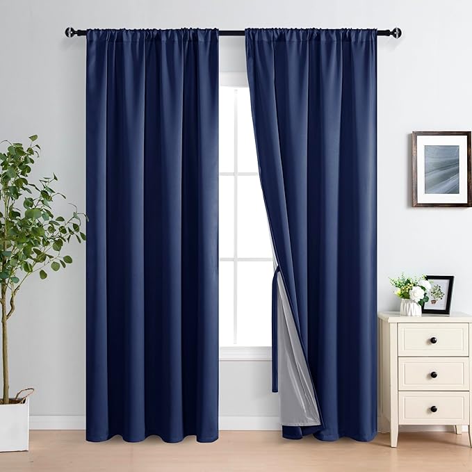 XWZO Full Shading Blackout Curtains 84 Inches Long with Tiebacks- Heat and Light Blocking Rod Pocket Window Drapes with Black Liner Backing for Bedroom/Kid's Room, Navy Blue, W52 x L84, Set of 2