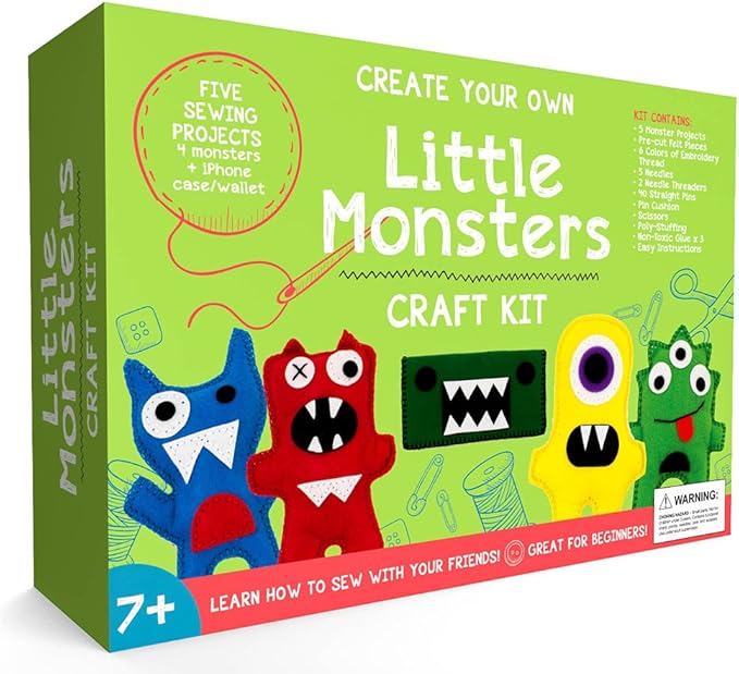 Little Monsters Beginners Sewing Kit - Awesome Gift for Girls & Boys Ages 7 to 13, Best Educational Craft Kit & Toys for Kids