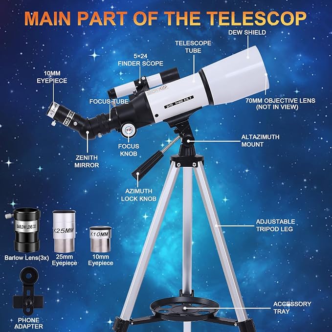 PISEZ 70400 Telescope for Adults & Beginner,70mm Aperture 400mm AZ Mount Astronomical Refracting Telescope for Kids Beginnerswith Carry Bag, Phone Adapter