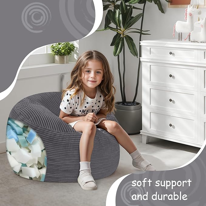 COMAX Kids Bean Bag Chair Turn into Beanbag Bed, Toddler Bean Chair Corduroy for Girl Boy Sleeping, Lazy Children Bean Bags with Filler, Convertible Child Floor Mattress, Charcoal