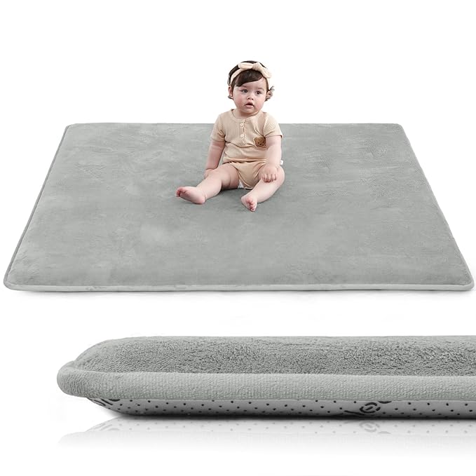 Baby Play Mat for Floor,1.3" Thick Elasti-Foam 50"×50" Playpen Mat for Tummy Time,Water Repellent Soft Coral Velvet for Toddler,Infant,Kids,Non-Slip Backing Safe for Crawling(Light Grey)