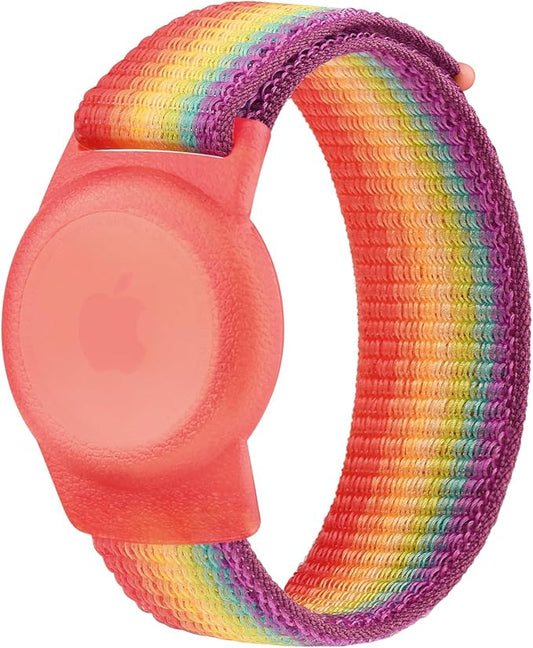 Kids Wristband Protective Case Compatible with Apple AirTag, Adjustable Nylon Bracelet for Air Tag GPS Tracker Holder with Anti Lost Watchband for Toddler Child Kids (Rainbow)