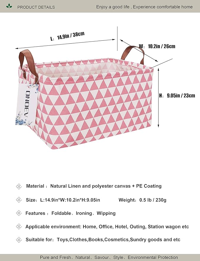 Rectangular Fabric Storage Box, Decorative Basket and Finishing Basket with Handle are Used for The Storage of Clothes, Books and Sundries(Pink Triangle) 1