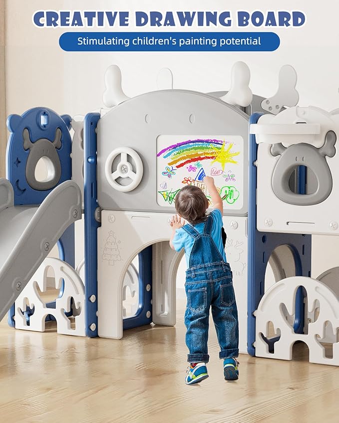 XJD 13 in 1 Toddler Slide Set, Kids Slide for Toddlers Age 1+, New Upgrade with Golf Set, Basketball Hoop, Drawing Board for Indoor Outdoor Playset,Toddler Playground (Blue Gley)