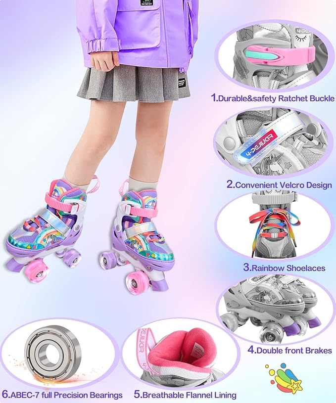 4-Pejiijar Rainbow Unicorn Kids Roller Skates for Girls Toddler Ages 2-4 5-8 8-12,Adjustable Roller Shoes with Luminous Wheels for Birthday Xmas Gifts