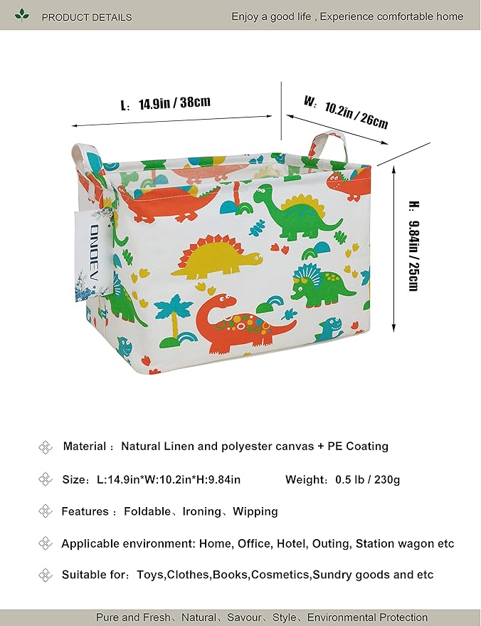 Rectangular Folding Laundry Basket, Canvas Basket,Nersury Hamper,Suitable for Children,Office,Bedroom,Clothes,Toys Storage（Dinosaur Paradise） (1)