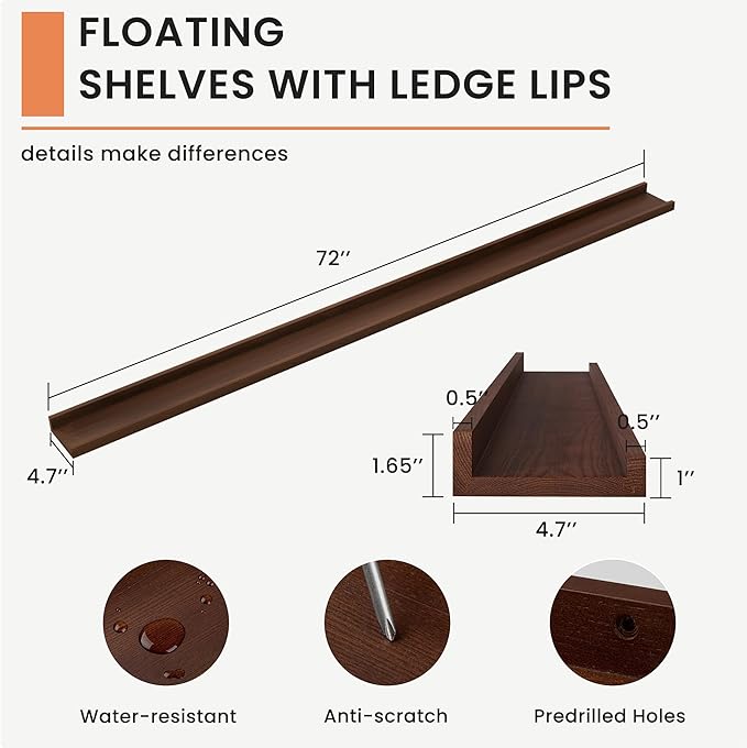 Picture Ledge Shelf, 72 inch Solid Ash Wood Floating Shelves Set of 2, Picture Ledge Photo Ledge Wall Mounted for Living Room Kids' Room Bedroom, Color Walnut