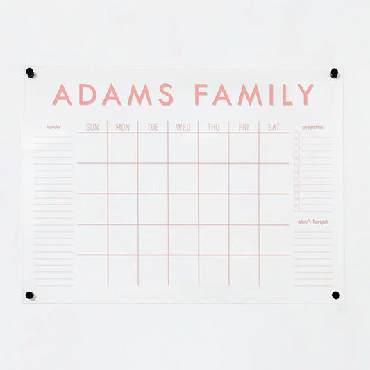 Personalized Clear Acrylic Calendar for Wall, Calendar Whiteboard for Wall, Dry Erase Wall Calendar, Wall Calendar Organizer System for Home (Block, Blush, 31"W x 23"H)