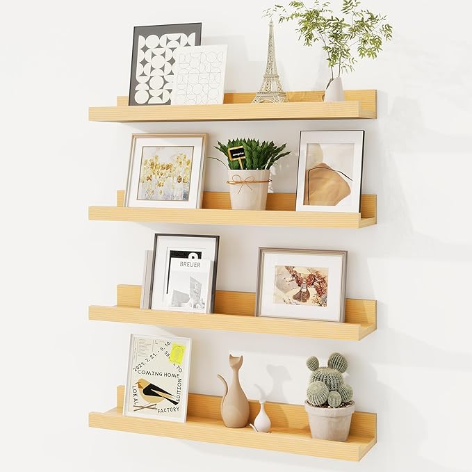 Picture Ledge Shelf, Solid Pine Wood Floating Shelves Set of 4, 16 Inches Nursery Book Shelves for Toys Storage, Kids Bookshelf Wall Mounted for Living Room Decor Photo Frames, Natural