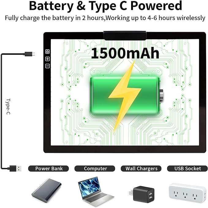 Rechargeable A4 Light Box with Padded Case,led Light pad with Built-in Stand & Clip,6 Levels of Brightness lightbox for tracing,Diamond Painting.Light Table for Artists,Drawing,Sketching,Animation