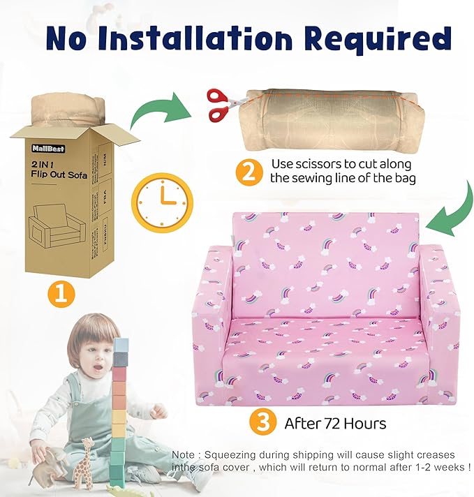 MallBest Kids Sofas Toddler Couch Bed Baby's Upholstered Chair Sleepover Couch Flipout Open Recliner(Pink/Rainbow)…