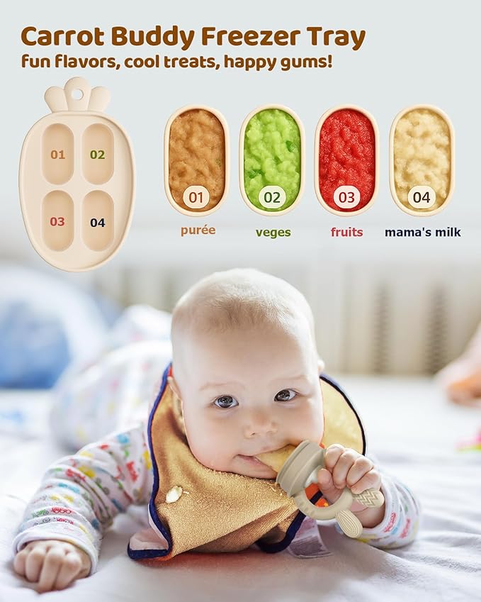 2 Packs Baby Fruit Feeder & Freezer Nibble Tray Combo, Push Pop Baby Food Feeder to Safely Introduce New Foods, Fresh & Frozen Food Silicone Feeder, 100% Food Grade, BPA Free (Caramel & Olive)