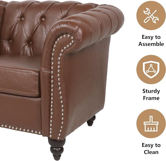 Chesterfield 3 Seater Sofa, Modern Leather Tufted Couch 3 Seater - Image 7