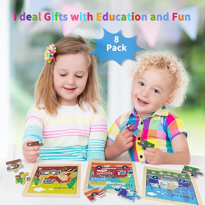 Wooden Puzzles for Toddlers 2-4, 9 Pieces Vehicle Jigsaw Puzzles for Kids Ages 3-5, Toddler Toys for 2-4 Preschool Learning Activities, Learning & Educational Toys, Gifts for Boys, Girls
