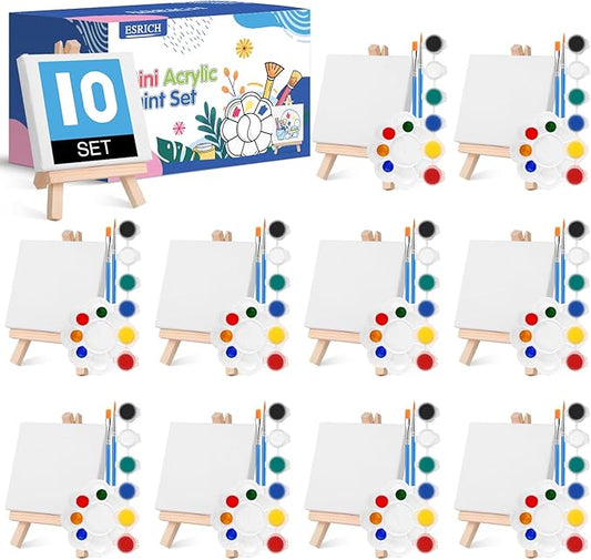 ESRICH 10 Set Mini Canvas Painting Kit, Minis Acrylic Paint Set, St. Patrick's Party Gifts,4 * 4inCanvas with Easel, Acrylic Paints,Brushes,Palette,Mini Easel Canvas for Kids Adults Painting Party