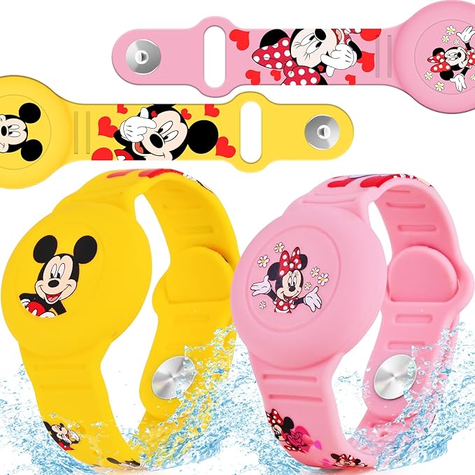 Waterproof AirTag Bracelet for Kids [2 Pack], Cute Cartoon Airtag Holder for Kids with Full Coverage Hidden Design, Silicone Airtag Wristband for Child, Healthy Material Pink + Yellow