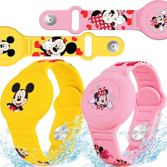 Waterproof AirTag Bracelet for Kids [2 Pack], Cute Cartoon Airtag Holder for Kids with Full Coverage Hidden Design, Silicone Airtag Wristband for Child, Healthy Material Pink + Yellow