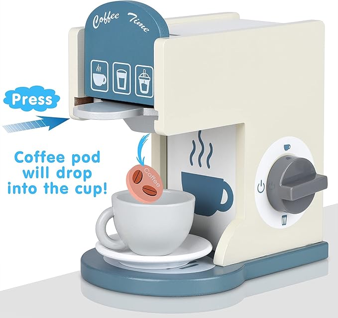 Play Kitchen Accessories Kids Wooden Coffee Maker Toy Espresso Machine Toddler Toy Kitchen Sets for Girls and Boys (Coffee Maker) (White)