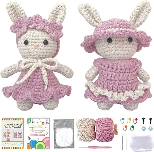 LoopMap Beginner Crochet Kit for Adults & Kids - DIY Amigurumi Bunny with Removable Dress & Accessories - Step-by-Step Video Tutorials, Extra Yarn, Crochet Tools - Handmade Gift (Bunny-Purple)