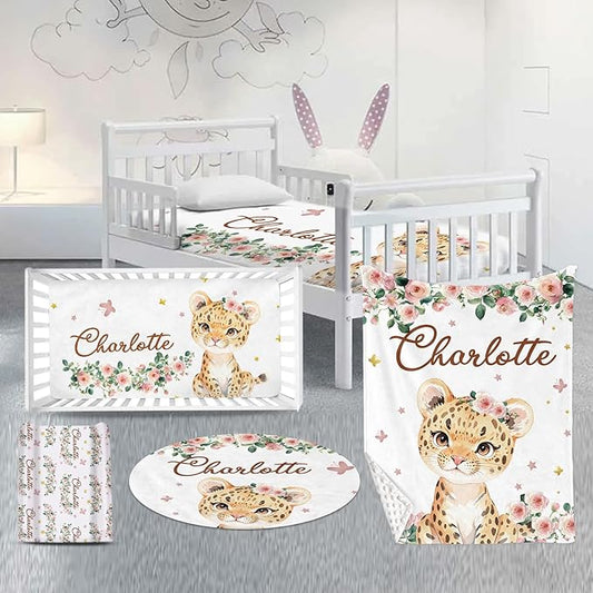 Custom Nursery Crib Bedding Set: Personalized Name 4 Piece Floral Leopard Design Baby Crib Sets for Girls - Toddler Double Layer Blanket Set, Comfortable Crib Bed Sheets for Baby Toddlers