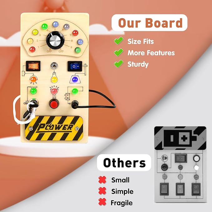 Joyreal Toddler Busy Board, Wooden Montessori Busy Board Sensory Board with LED Light Switch, Sensory Toys Baby Fidget Board Travel Toys for Toddler