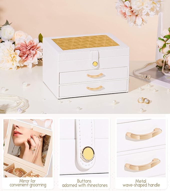 White Jewelry Box Organizer: Home Decor for Women - 2-Drawer Holder for Valentine’s Day Birthday Christmas White Gold