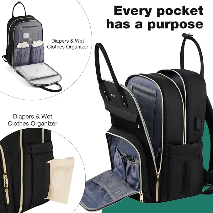 MOMUVO Diaper Backpack for Women Large Capacity with Insulated Pockets Diaper Bags For Baby Girl Boy Waterproof Baby Bags