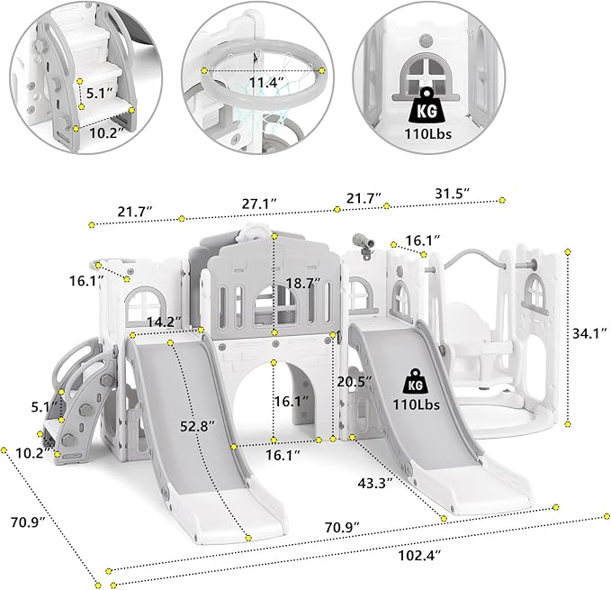 JOYLDIAS 10 in 1 Toddler Slide, Double Kid Climber Slide Playset w/Swing, Basketball Hoop, Telescope, Tunnel, Storage Space and Non-Slip Steps, Indoor Outdoor Backyard Playground Toy for Toddlers